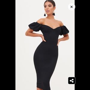 Black balloon Sleeve Bardot Midi Dress